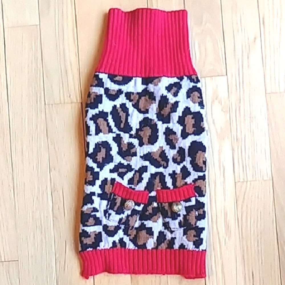 Leopard Print Dog Sweater with Red Accents, Size Medium